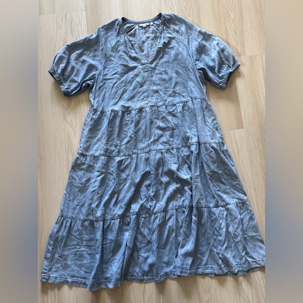 Chicos sz 3.5 or 18 Chambray Lyocell Denim Blue Tiered Midi Maxi Dress Pocket XL